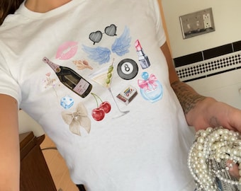 Y2K Baby Tee, Collage Baby Tee, 90s Crop Top, Downtown Girl, Baby Tee Y2K, Gen Z Shirt, Girly 2000s Crop Top, Coquette Top, Cherry Baby Tee
