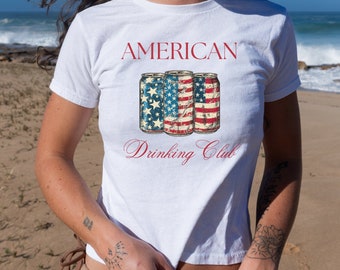 American Drinking Club, America Baby Tee, USA Baby Tee, 4th of July Baby Tee, Fourth of July Crop Top, Red White and Boozy, Merica Shirt