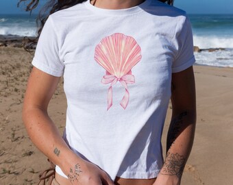 Seashell Baby Tee, Coquette Baby Tee, Coquette Coastal Shirt, Summer Baby Tee, Coconut Girl Crop Top, Mermaidcore Baby Tee, East Coast Shirt
