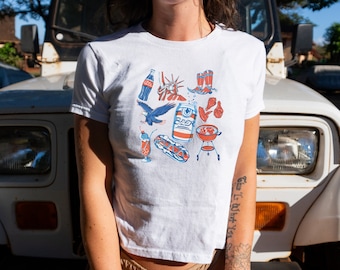 4th of July Baby Tee, Hot Dog Shirt, Beer Baby Tee, 4th of July Outfit, Independence Day Crop Top, 90s Baby Tee, Eagle Baby Tee, Y2K Fashion