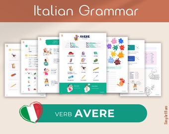 May include: A set of printable Italian grammar worksheets featuring the verb "Avere" with colorful illustrations and activities. The worksheets include exercises on conjugating the verb, matching words to pictures, and filling in the blanks.