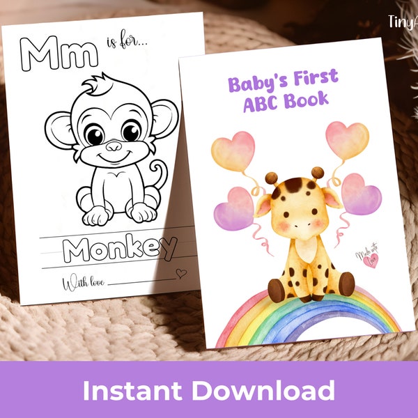 Baby Shower Coloring Pages, Matching Activity Sign Included, ABC Coloring Cards, Baby's First ABC Book, First Alphabet Book, Animal Alphabet