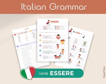 May include: A colorful worksheet for learning Italian grammar. The worksheet features a superhero character and the verb "essere" (to be) in Italian. The worksheet includes examples and exercises for practicing the verb conjugation.
