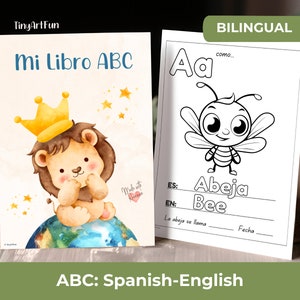 Bilingual Printable Spanish Alphabet, ABC Spanish English Coloring Pages, Baby's Animal Alphabet Book, Kindergarten, Preschool, Homeschool