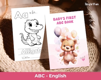ABC babyshower kleurkaarten, baby's eerste ABC-boek, kleurplaten babyshower, bijpassende activiteitenbord inbegrepen, eerste alfabetboek