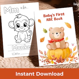 Peut inclure: Un livre d'images ABC pour bébé à imprimer avec une illustration en noir et blanc d'un singe sur la page de la lettre M. La couverture du livre présente une illustration aquarelle d'un ours brun assis sur une citrouille avec des feuilles d'automne.