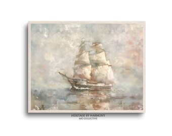 Rustikales Vintage Schiff Gemälde | Vintage Meerlandschaft | Warme gedämpfte Töne | Segelboot | Druckbare Kunst | Impressionismus Kunst | Digitaler Download | #S019