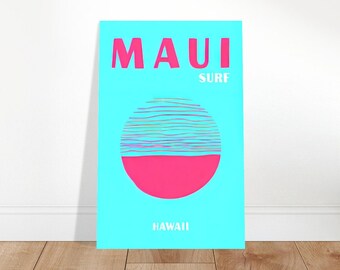 Impresión de carteles de viajes de Maui Hawaii, decoración de habitaciones de muy buen gusto, arte de pared azul rosa, decoración maksimalista, cartel retro brillante,