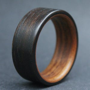 Ebony Macassar wood ring with rosewood liner, Wooden Mens Ring, Bentwood Ring, Boyfriend Gift, 5 year anniversary, Wedding Band, Black Ring