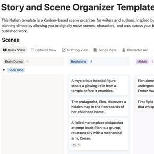 Może przedstawiać: Cyfrowy szablon organizatora historii i scen, przeznaczony dla pisarzy i autorów. Szablon wykorzystuje system Kanban do organizowania scen, postaci i wątków. Interfejs wyświetla sceny w formacie kart, podzielonych na etapy, takie jak Początek, Środek i Koniec.