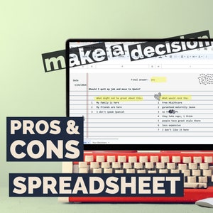 May include: A computer screen displaying a spreadsheet with the title "Should I quit my job and move to Spain?" The spreadsheet lists pros and cons of moving to Spain. The text "make a decision" is written on a sticky note above the spreadsheet. The spreadsheet is on a red typewriter with a white mouse.