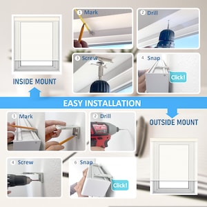 K&ouml;nnte beinhalten: Diagramm, das zeigt, wie man einen Fensterrollo innerhalb oder au&szlig;erhalb eines Fensterrahmens installiert. Die Schritte umfassen das Markieren, Bohren, Schrauben und Einrasten des Rollos. Das Diagramm enth&auml;lt Illustrationen f&uuml;r jeden Schritt.