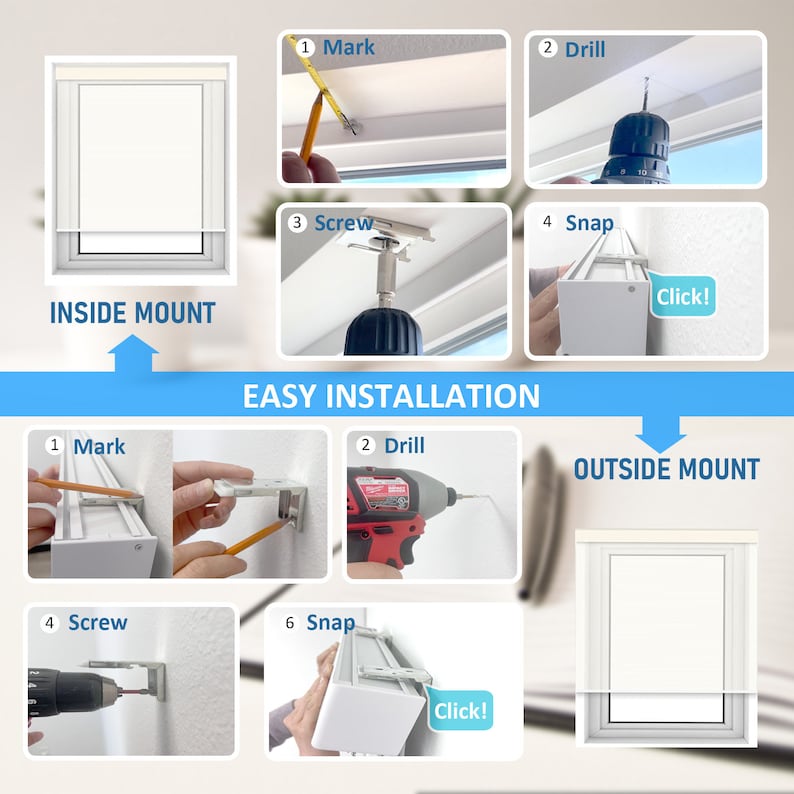 K&ouml;nnte beinhalten: Diagramm, das zeigt, wie man einen Fensterrollo innerhalb oder au&szlig;erhalb eines Fensterrahmens installiert. Die Schritte umfassen das Markieren, Bohren, Schrauben und Einrasten des Rollos. Das Diagramm enth&auml;lt Illustrationen f&uuml;r jeden Schritt.