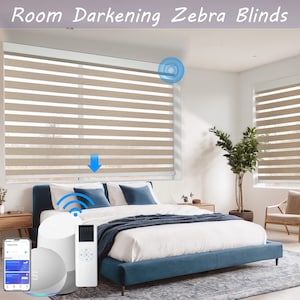 Remote Controlled 100% Blackout Zebra Blinds for Windows, USB-C Rechargeable Zigbee Smart Blinds Compatiable with Alexa/Google, Easy Install