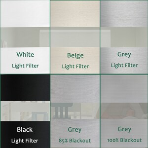 K&ouml;nnte beinhalten: Eine Vergleichstabelle mit sechs verschiedenen Fensterrollos, die die verschiedenen Farben und Lichtfiltereigenschaften zeigen. Die Farben sind Wei&szlig;, Beige, Grau, Schwarz und zwei Graut&ouml;ne. Die Lichtfiltereigenschaften sind Lichtfilter, 85 % Verdunkelung und 100 % Verdunkelung.