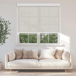 May include: A white couch with two brown throw pillows in front of a window with a white roller shade. The window is showing a view of green trees outside.