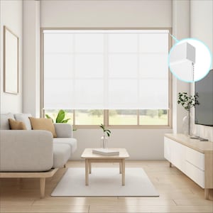 May include: A bright, modern living room with a large window covered by a white roller shade. The room features a light-colored sofa, wooden coffee table, and a white entertainment center. The window treatment is operated by a chain.