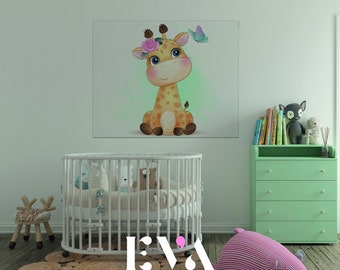 Adorable Cartoon Giraffe Canvas Print - Nursery Wall Art - Hand-Drawn Animal Portrait with Pastel Tones - Children's Room Decor