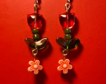 red dangle tulip earrings