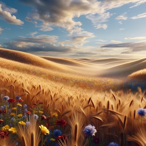 Pode incluir: Um campo de trigo dourado com uma variedade de flores silvestres em tons de azul, vermelho e amarelo. O campo é ondulado e o céu é azul com nuvens brancas.