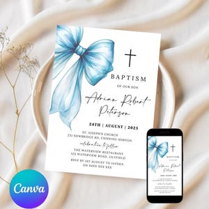 Baptism Invitation with Bow Simple Baptism Invite Christening Invitation Template Printable Invite Canva Editable