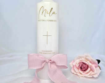Vela de bautizo / Vela personalizada / Vela de bautismo / Vela personalizada con lazo / Vela con cinta de borde ondulado y texto metalizado