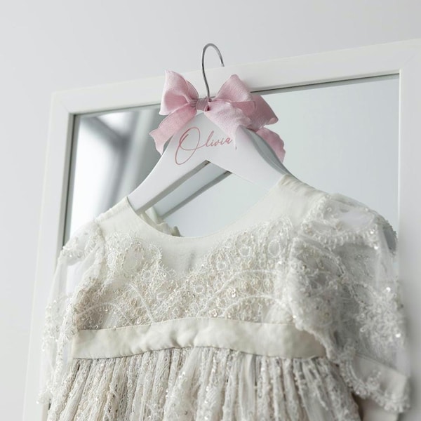 White Wooden Hanger | Baptism Coat Hanger | Personalised Clear Coat Hanger | Pearl Hanger| Flowergirl Dress Hanger | Christening Coat Hanger