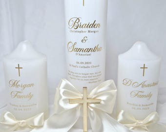 Gepersonaliseerde bruiloftskaars | Eenheidskaars | Bruiloftskaarsenset met goud acrylkruis | Kaars bruiloft familie
