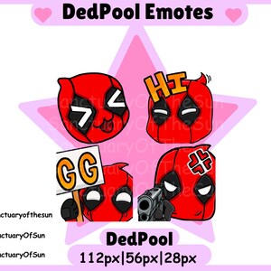 May include: Four red and black cartoon Deadpool emoticons with different expressions. The emoticons are on a pink background with a white star. The text "DedPool Emotes" is at the top of the image. The text "DedPool 112px|56px|28px" is at the bottom of the image.