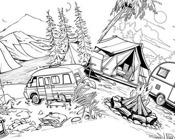 Outdoor Adventure Coloring Pages – 10 Fun Camping Designs – Instant Download