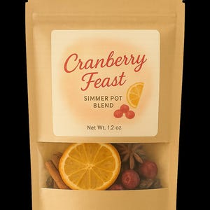 May include: A tan pouch labeled "Cranberry Feast Simmer Pot Blend" with a slice of orange, cinnamon sticks, star anise, and cranberries. The label includes a graphic of a slice of orange and cranberries. Net Wt. 1.2 oz.