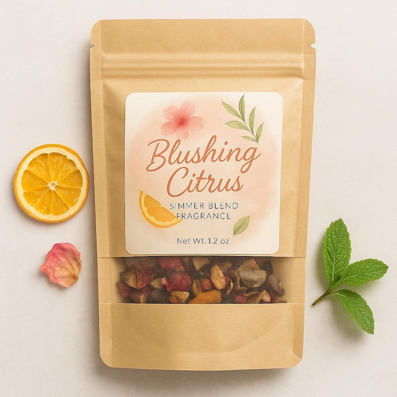 May include: A brown paper bag with a clear window containing a simmer blend fragrance. The label reads "Blushing Citrus" with a flower and orange slice graphic. A dried orange slice, rose petal, and mint sprig are arranged around the bag.