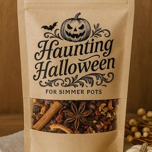 May include: A tan paper pouch with a clear window containing dried botanicals, including a cinnamon stick and star anise. The front features black text reading Haunting Halloween FOR SIMMER POTS and a graphic illustration of a jack-o'-lantern.