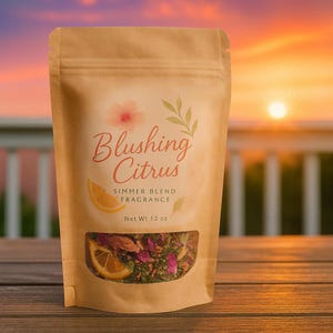 May include: A brown paper bag with a clear window displaying a simmer blend fragrance. The bag has the words "Blushing Citrus" in a cursive font, with a flower and citrus slice graphic. The net weight is 12 oz.