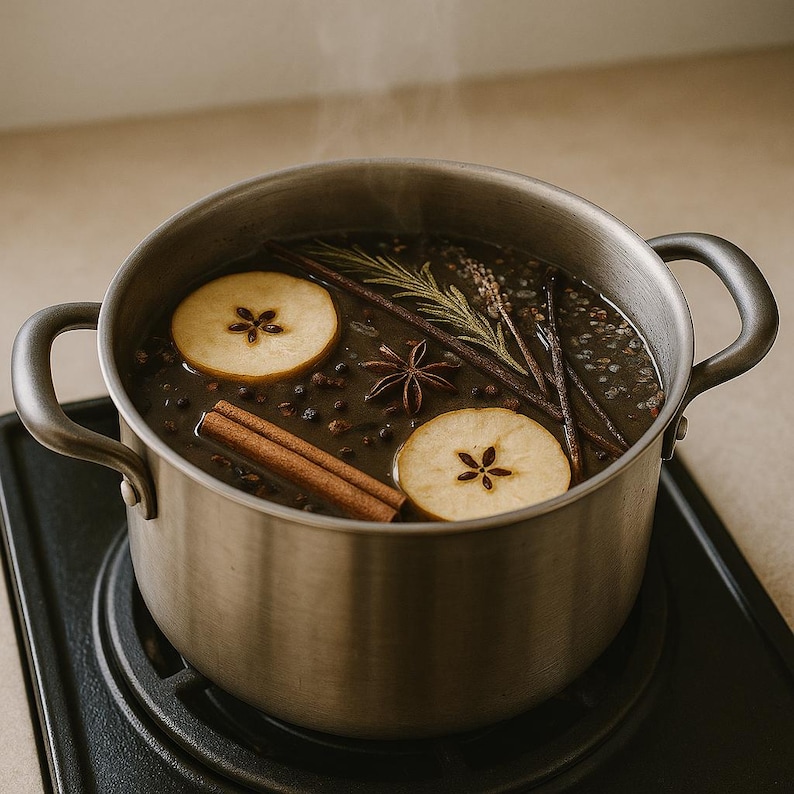 May include: A stainless steel pot filled with simmering liquid, featuring apple slices, cinnamon sticks, star anise, and herbs. The pot sits on a black electric stovetop, with steam rising from the contents. The ingredients suggest a warm, aromatic beverage or potpourri.