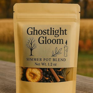 May include: A tan pouch containing a simmer pot blend with a label reading Ghostlight Gloom, featuring illustrations of a bare tree, leaves, and a candle, with a clear window showing dried apple slices, cinnamon sticks, and dark berries, Net Wt. 1.2 oz.