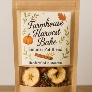 May include: A brown paper bag with a clear window displaying dried apple slices, cinnamon sticks, and star anise. The label reads "Farmhouse Harvest Bake Simmer Pot Blend" with a pumpkin and leaf illustration. "Handcrafted in Montana" is also printed on the label.