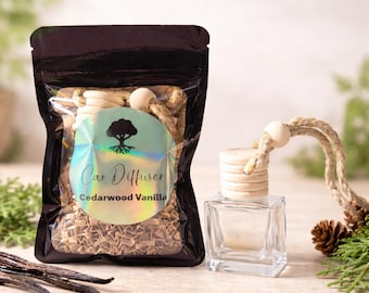 Cedarwood Vanilla Car Diffuser | Hanging Rearview Mirror Air Freshener | Natural Wood Bottle Diffuser | 10ml Oil Diffuser Gift AND refill.