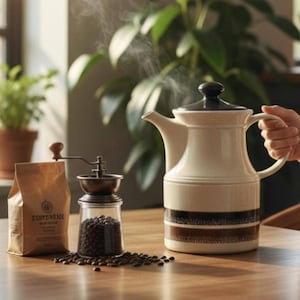 Vintage Biltons England kaffekanna – Retro spräcklig stengods keramik med lock