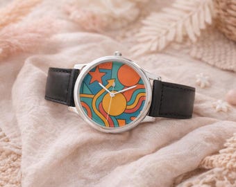 Retro 70s Style Watch with Black Leather Band, Colorful Geometric Face, Valentine’s Day, Mother's Day, 4th of July, Fathers Day