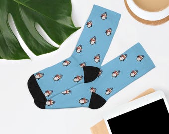 Penguin Crew Socks: Custom Light Blue Novelty Socks, Wedding gifts Gift Idea, Spirithalloween, Cute, Valentines Day, Mother's Day