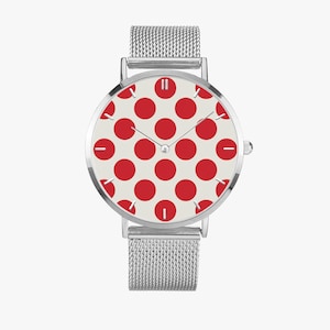 Reloj de lunares rojos: reloj de cuarzo de acero inoxidable personalizable, ideal para bodas, Navidad y Halloween.
