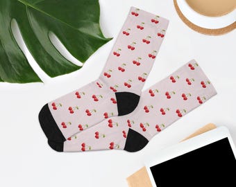 Cherry Heart Crew Socks, Pink Novelty Fruit Print, Valentine's Day Gift, Valentine’s Day, Mother's Day, 4th of July, Fathers Day