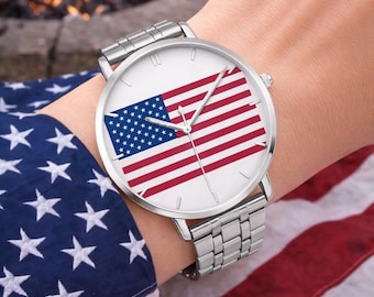 USA Flaggenuhr - Edelstahlarmband, handgemachte Quarzuhr, Valentinstag, Muttertagsgeschenkidee, 4. Juli, Vatertag