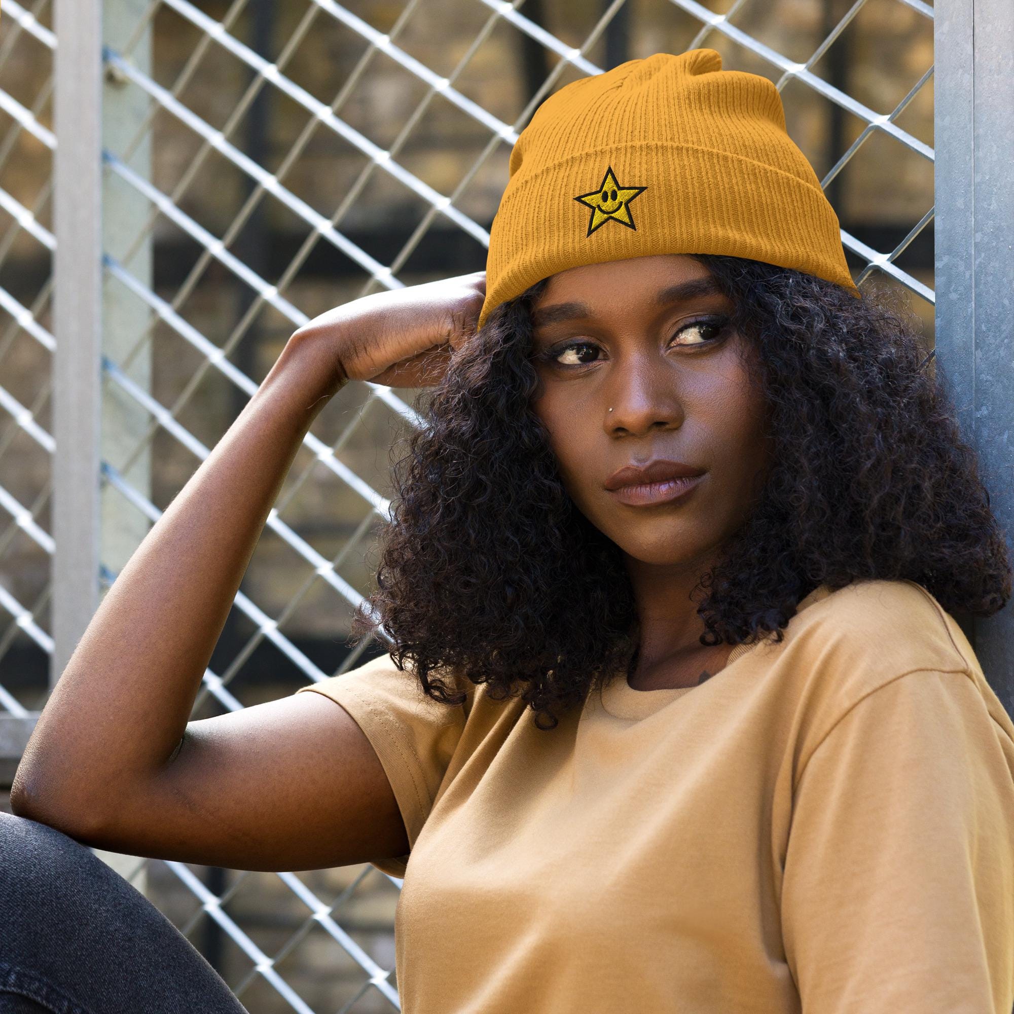 Brown embroidered Star Knit Beanie Custom Embroidered Decky 614 - Acrylic Short Beanie, Knit  main image 4