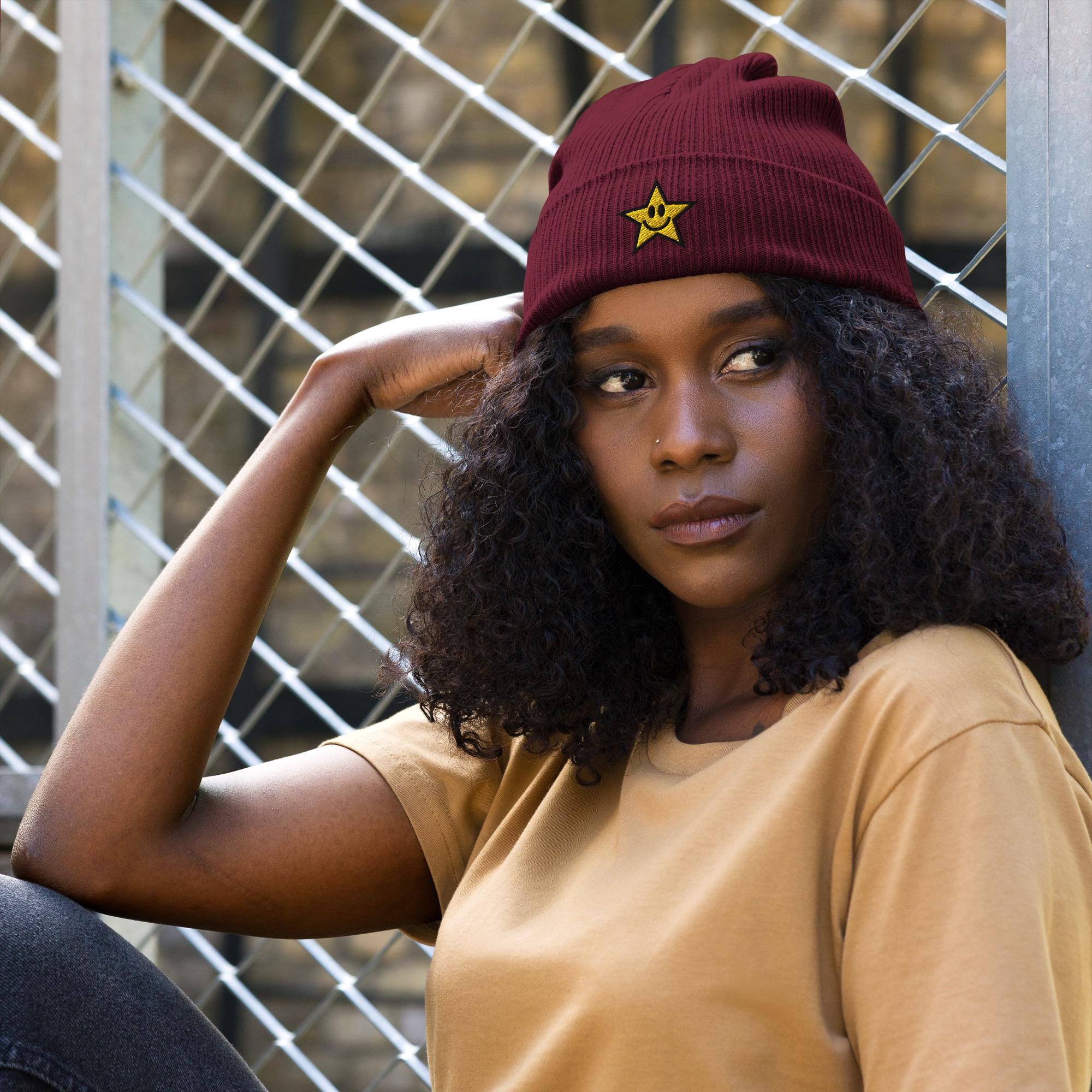 Embroidered Star Beanie - Knit Winter Hat, Valentine display picture 3