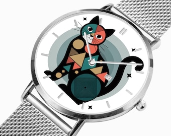 Customizable Cat Design Stainless Steel Perpetual Calendar Watch, Wedding gifts, Christmas Gift Idea, Halloween