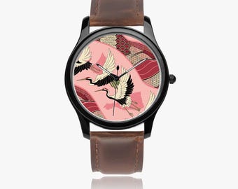 Wagara Crane Watch: Japanese Leather Band, Stainless Steel Case, Valentine’s Day, Mother's Day, 4th of July, Fathers Day