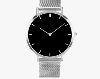 Custom Black Face Stainless Steel Quartz Watch: Minimalist Unisex Design, Wedding gifts, Christmas Gift Idea, Halloween