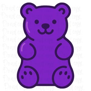 Könnte beinhalten: Illustration eines lila Gummibären mit dunkellila Umriss. Der Bär hat ein lächelndes Gesicht, kleine runde Augen und abgerundete Arme und Beine. Das Bild befindet sich auf weißem Hintergrund.
